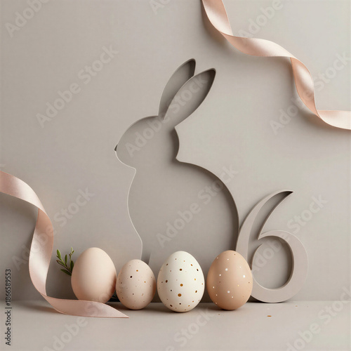 Elegant Easter composition for 2026 featuring a bunny silhouette and neutral-toned eggs
