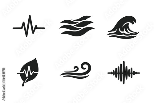 Natural Rhythm Icons. Solid style icons of natural rhythm: heartbeat line, flowing river, wave pattern, leaf pulse, wind swirl,