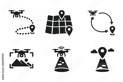 Aerial Visualization Icons. Solid style icons of aerial visualization: dronepath, map grid, flight route, camera view, signal beam