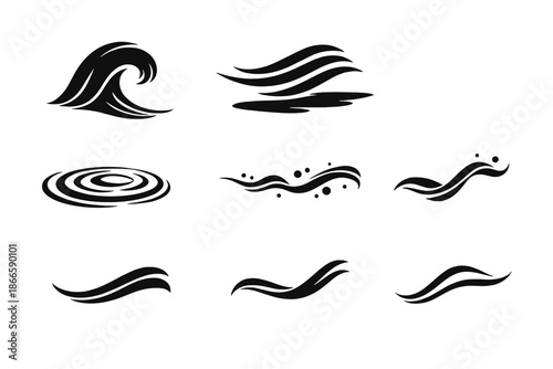 Harmonized Motion Icons. Solid style icons of Harmonized Motion: wave arc, shadow flow, calm ripple, energy thread, soft curve,