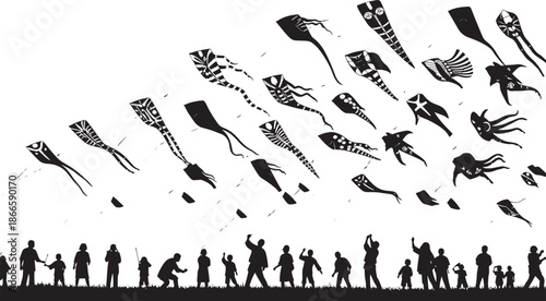 A crowd of people flying many kites in the sky a striking silhouette