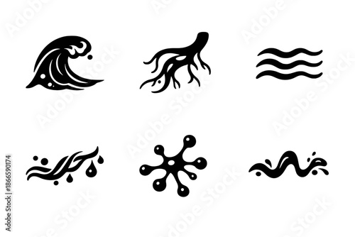 Fluid Structure Icons. Solid style icons of Fluid Structure: wave arc, root bend, ripple line, organic thread, deep node, flowing
