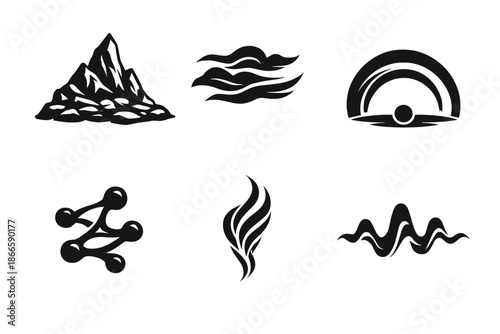 Strong Subtlety Icons. Solid style icons of Strong Subtlety: stone ridge, fog line, solid arc, flowing node, mist thread, soft