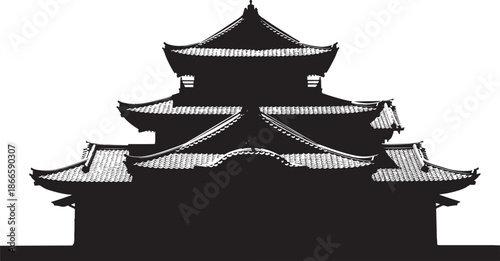 Detailed black silhouette of a traditional japanese castle structure silhouette
