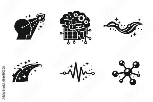 Thought Navigation Icons. Solid style icons of Thought Navigation: trace beam, mind panel, flowing line, luminous arc, pulse