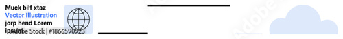 Data sharing, cloud storage, networking, global communication, internet services, connectivity. Globe icon linked to a cloud symbol with lines. Data sharing and cloud storage concepts