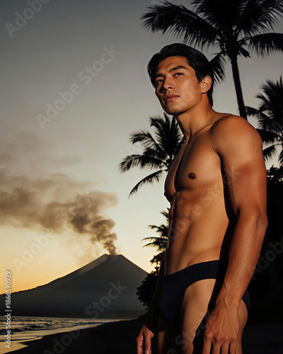 Handsome athletic man in black swimsuit stands on tropical beach at sunset with volcano and palm trees in background
