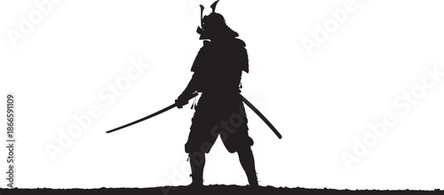 A lone samurai warrior stands prepared with swords a striking silhouette