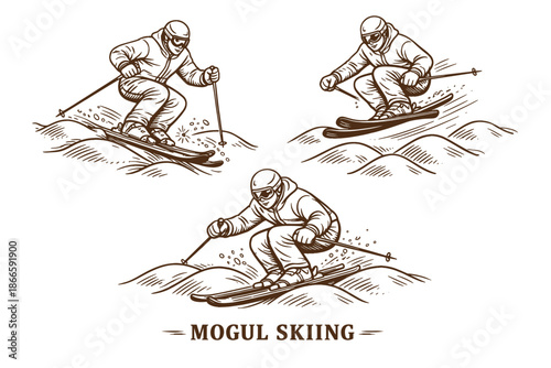 Mogul skiing action with Caucasian athlete performing turns and jumps. Winter sports, competition and mountain lifestyle concept. Hand drawn vector illustration.