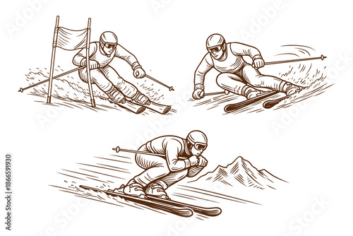 Alpine skiing race and slalom competition with Caucasian athlete. Winter sports, speed and mountain action concept. Hand drawn vector illustration.