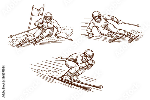 Alpine skiing race and giant slalom with Caucasian athlete. Winter sports, speed and professional competition concept. Hand drawn vector illustration.
