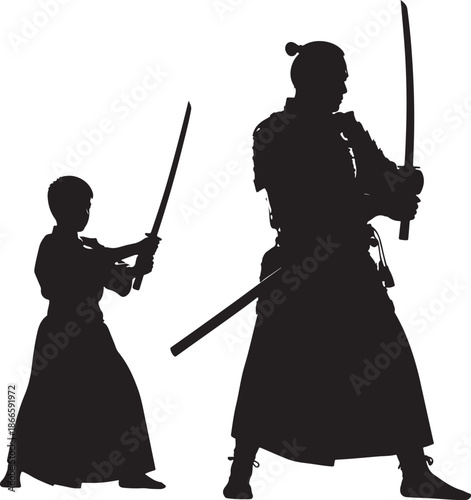 Two samurai warriors in dynamic combat pose a striking silhouette