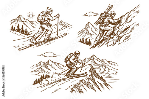Backcountry skiing and alpine mountaineering with Caucasian athlete. Winter adventure, exploration and extreme outdoor concept. Hand drawn vector illustration.