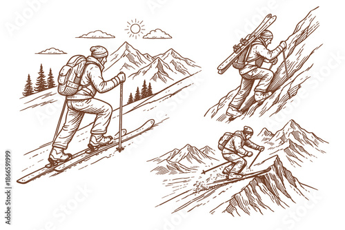 Backcountry skiing and alpine climbing with Caucasian explorer in high mountains. Winter adventure, survival and extreme outdoor sport concept. Hand drawn vector illustration.