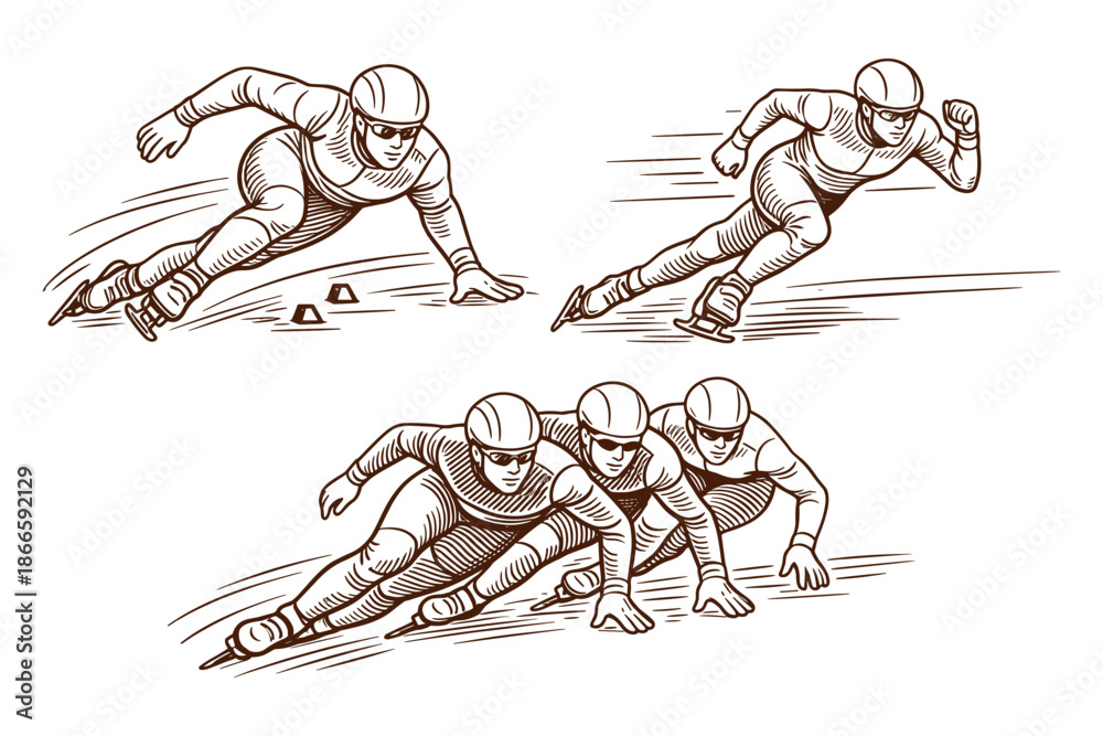Fototapeta premium Short Track Speed Skating Race with Caucasian Athletes – Sports Training, Competition and Fitness Concept, Vintage Style Vector Illustration