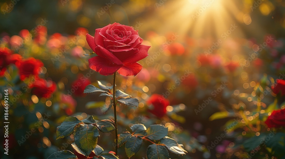 Obraz premium A stunning red rose stands tall in a lush garden, bathed in warm sunlight that highlights its delicate petals and green leaves, creating a serene and enchanting atmosphere