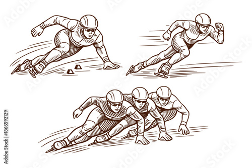 Short Track Speed Skating Race with Caucasian Athletes – Sports Training, Competition and Fitness Concept, Vintage Style Vector Illustration
