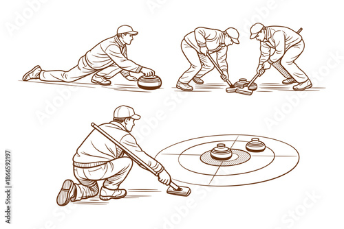 Curling Team Strategy and Action – Winter Sport Competition and Training Concept, Vintage Style Vector Illustration