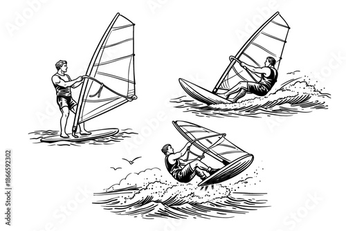 Extreme Windsurfing with Fit Caucasian Man – Summer Adventure, Water Sports and Ocean Lifestyle, Retro Style Vector Illustration