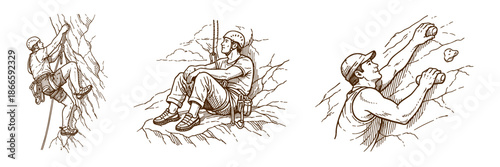 Rock Climbing and Mountaineering with Fit Caucasian Men – Outdoor Adventure and Extreme Challenge, Vintage Style Vector Illustration