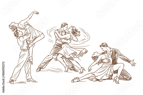 Ballroom and Latin Dance Couples Performing Elegant Moves – Romantic Dance Performance and Competition Concept, Vintage Style Vector Illustration