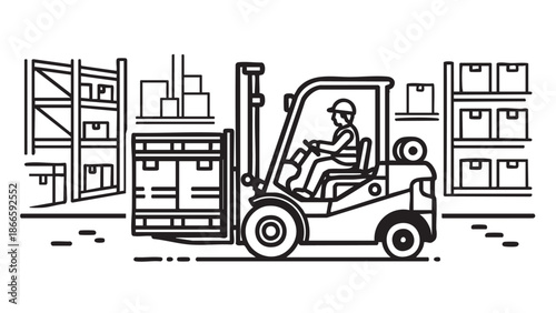 Warehouse worker operating forklift to move cargo in storage facility