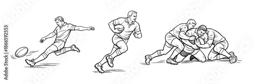 Rugby Match Action – Players Kicking, Running, and Tackling, Line Art Vector Illustration