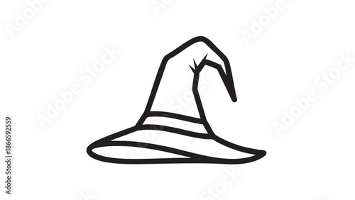 A simple black line drawing of a witch's hat on a white background