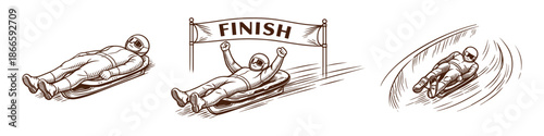 Luge Racing Sport – Athlete on Sled, Speed Track Descent and Finish Line, Vintage Style Vector Illustration
