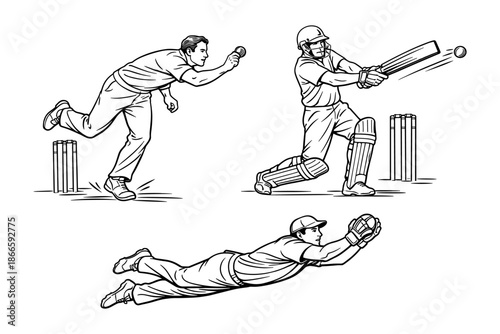 Cricket Match Action – Bowler, Batsman Hitting the Ball, and Fielder Making a Dive Catch, Vintage Style Vector Illustration