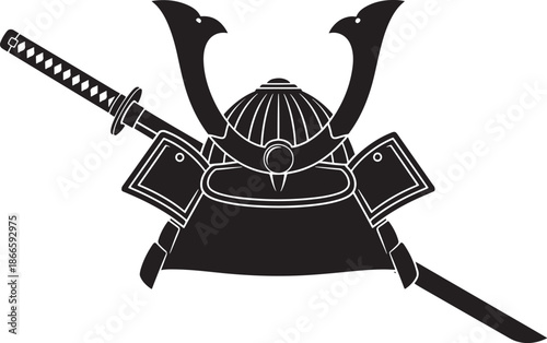 A striking samurai helmet and katana weapon a bold black silhouette