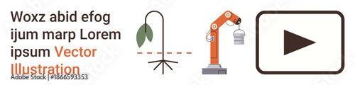 Automation, technology, manufacturing, multimedia, environment, and programming. A robot arm, a plant with cut mark and a play button icon. Automation and technology design concept