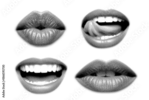 Black and white halftone lips set, pop art comic mouth icons isolated on transparent background