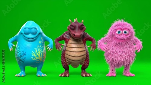 Three Cartoon Characters Dancing on a Green Screen