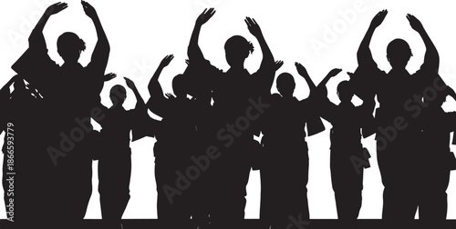 A group of people raising their arms in celebratory pose silhouette