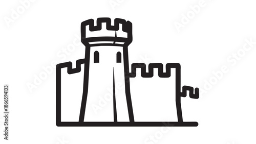 A minimalist illustration of a fortress with a central tower and battlements.