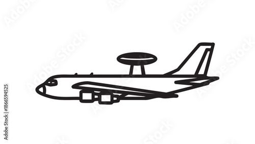 A black and white illustration of an airplane with a distinctive radar dome on its fuselage viewed from the side