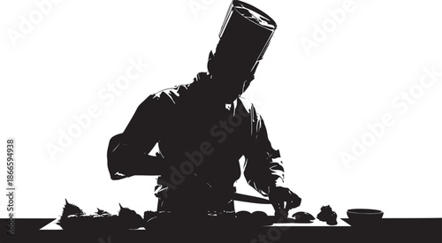 A chef preparing food with a traditional hat striking black silhouette