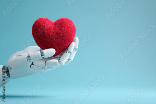 Robotic Hand Holding Red Heart on Blue Background