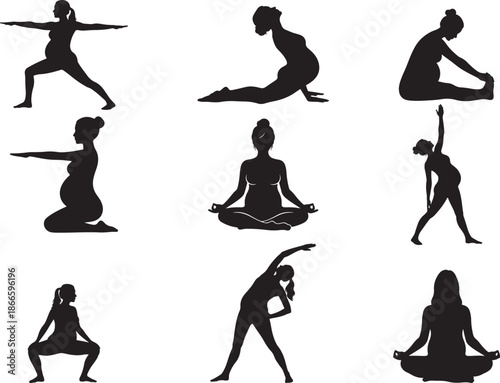 Pregnant Woman Practicing Yoga Silhouette on White Background