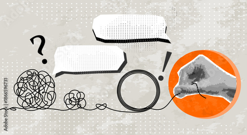 Trendy Halftone Collage Metaphor of disorganized difficult problem, mess with black single continuous tangle thread in need of unraveling. Contemporary vector illustration