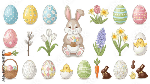 Easter bunny and eggs with flowers and carrots