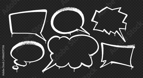 Set of graffiti speech bubbles in spray paint style. Vector illustrations on a black background.