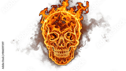 Flaming skull with glowing orange flames on transparent background isolated on transparent background, high quality cutout image
