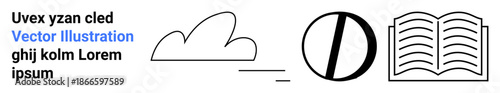Education, creativity, communication, graphic design, learning materials, clouds. Abstract icons a cloud shape, open book split circle and placeholder text. Education and creativity concept