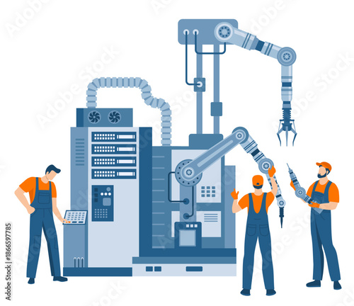 Industrial technicians service robots manipulator in a factory. Concept of industrial maintenance, automation and technical support.