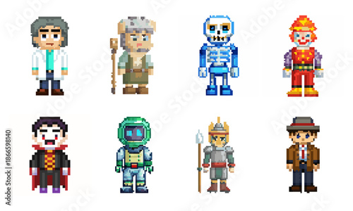 Retro 8 Bit Pixel Art Character Collection Including Scientist Viking Skeleton Clown Vampire Diver Knight Detective Isolated on White Background Game Style Avatars