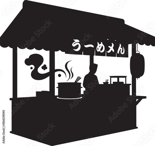 Street Food Ramen Stall or Yatai Silhouette with Chef Preparing Hot Noodles in a Pot