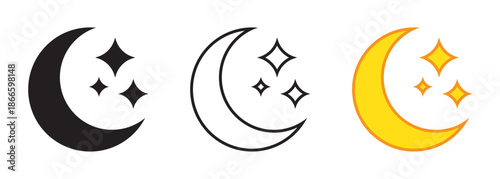 Moon and Star Icons for Night, Sleep and Bedtime Design. Solid, Line and Flat Style.
