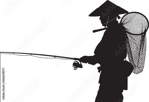 Traditional Japanese Fisherman Silhouette with Conical Hat, Rod, and Net for Inland Fishing